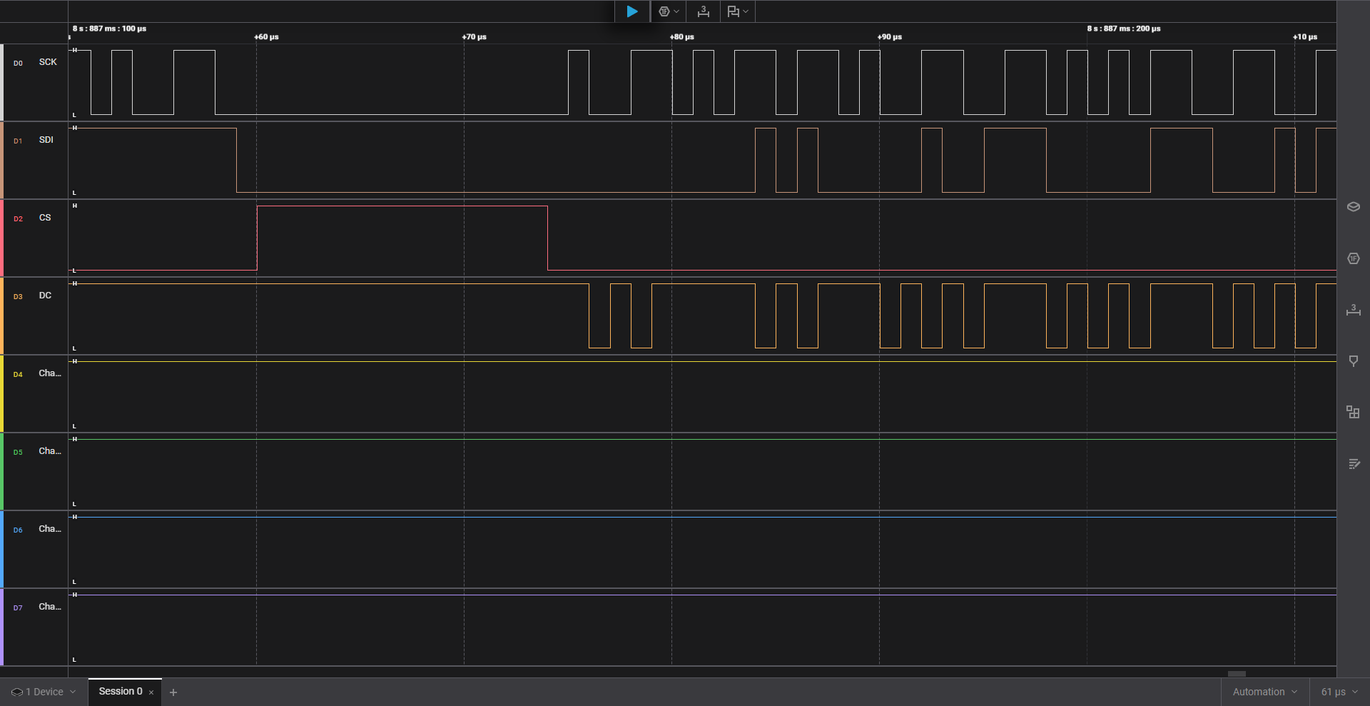 SPI communication capture showing SCK, MOSI, CS, and DC signals