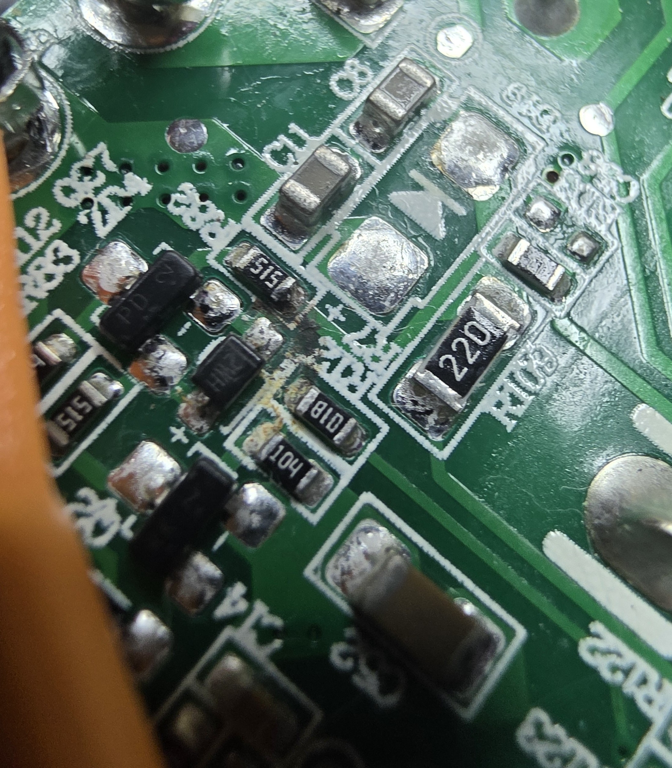 Close-up of burnt component identified during visual inspection