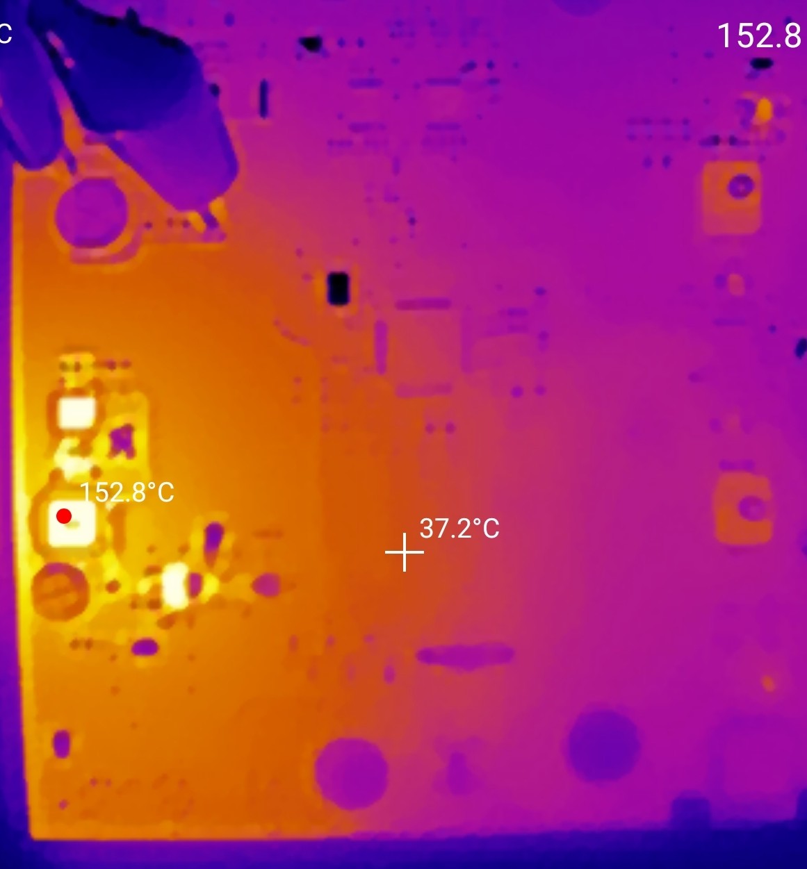 Thermal camera image showing 104.1 degree hot spot on PCB during failure analysis